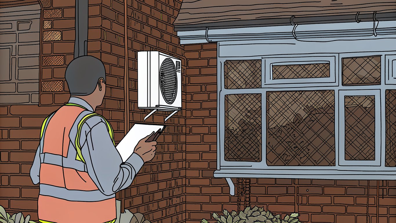 Illustration of an energy auditor inspecting a house with a thermal camera, focusing on energy efficiency.