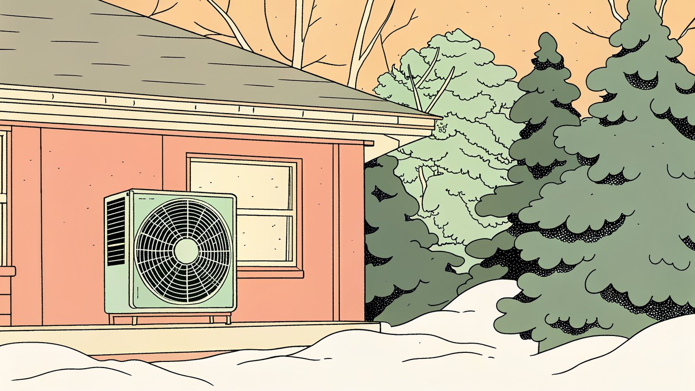A modern heat pump efficiently heating a home in a cold, snowy Quebec winter.