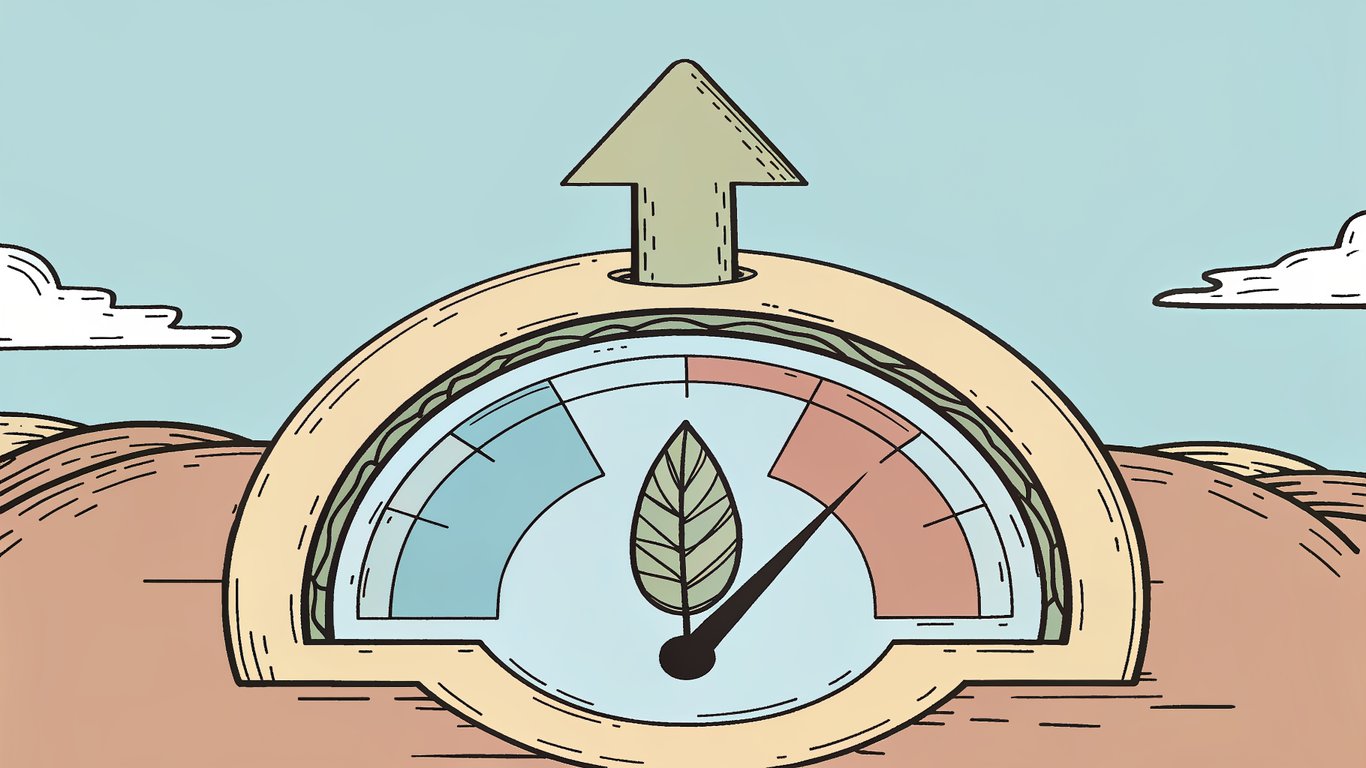 A performance gauge indicating high energy efficiency with a leaf icon, symbolizing rewards for eco-friendly equipment.