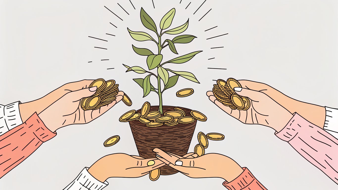 Hands representing different government levels contributing funds towards a growing green energy initiative.