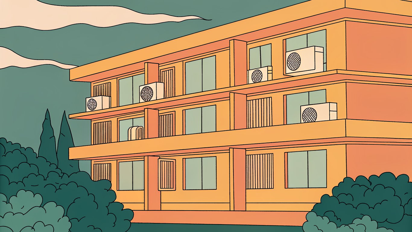 A multi-unit residential building with heat pumps installed on its exterior, representing the program for apartment owners.