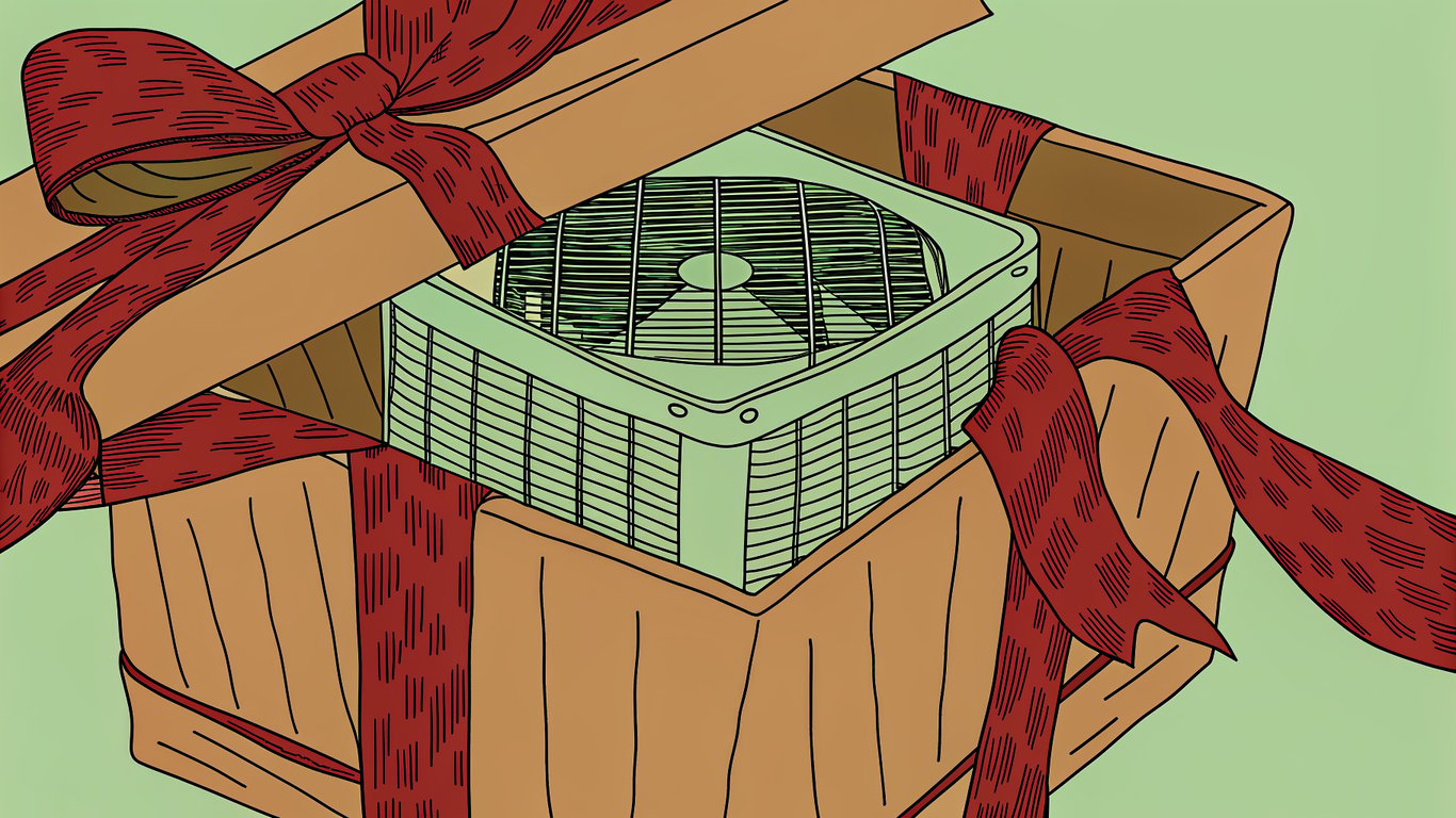 A gift box opening to reveal a heat pump, symbolizing the free installation program for low-income households.