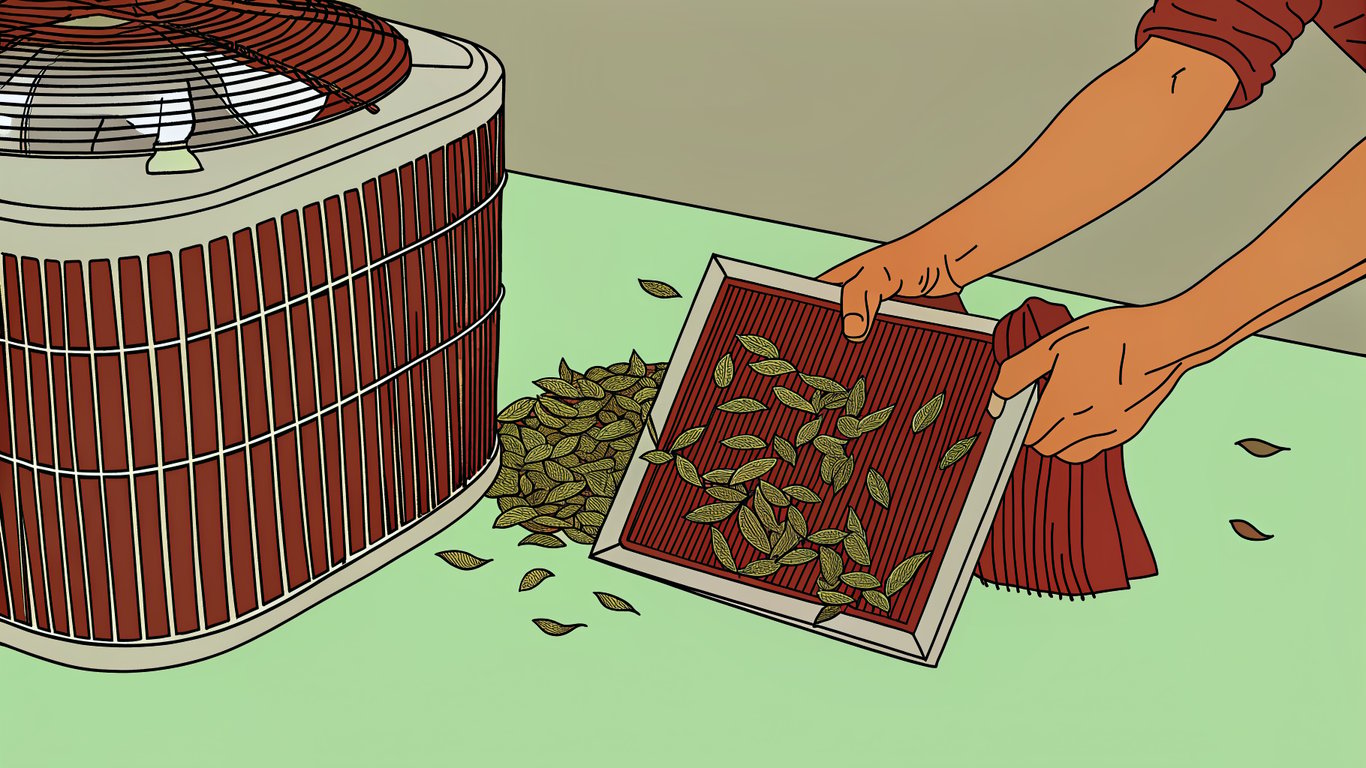 Illustration of hands cleaning a heat pump's outdoor unit and replacing an air filter.