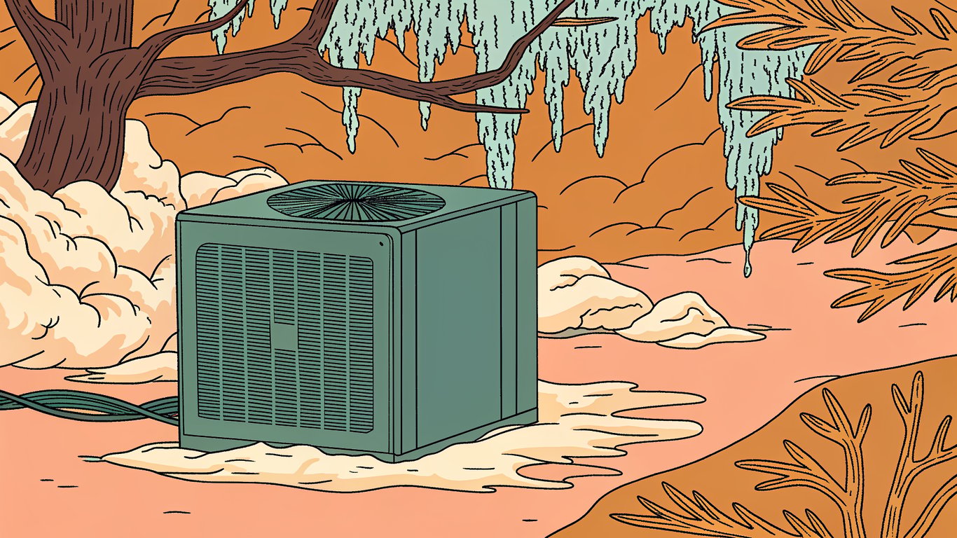 Illustration of a heat pump enduring harsh winter snow and summer heat.