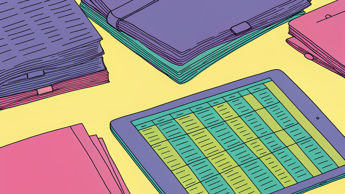 Illustration of a maintenance log, including a notebook, receipts, and a digital spreadsheet, for tracking heat pump service.