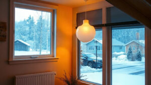 A cozy Quebec home interior featuring a sleek hybrid heat pump unit mounted on the wall, glowing softly against a backdrop of a snow‑covered street visible through a large window. Warm golden light pours in, contrasting the cold blue exterior with comforting indoor warmth.