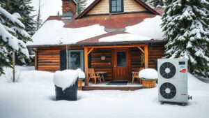 A Quebec cottage in heavy snow with a visibly leaky roof, water pouring into a cracked bucket, contrasted with a sleek new heat pump on the porch. The scene is framed by snowy pine trees, highlighting the contrast between inefficiency and modern energy solutions.