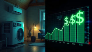 A dramatic split‑screen featuring a sleek, modern heat pump installed in a cozy Quebec home on one side, and a dynamic, glowing price‑comparison chart with fluctuating dollar signs on the other, all bathed in subtle green and blue tones that hint at sustainability and cutting‑edge technology.