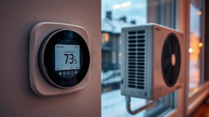 A close‑up of a sleek digital thermostat mounted beside a compact heat pump unit, with a snowy Quebec cityscape reflected in the window and warm indoor lighting suggesting comfort and energy savings. The scene emphasizes clean lines, smart technology, and a cozy winter ambiance.
