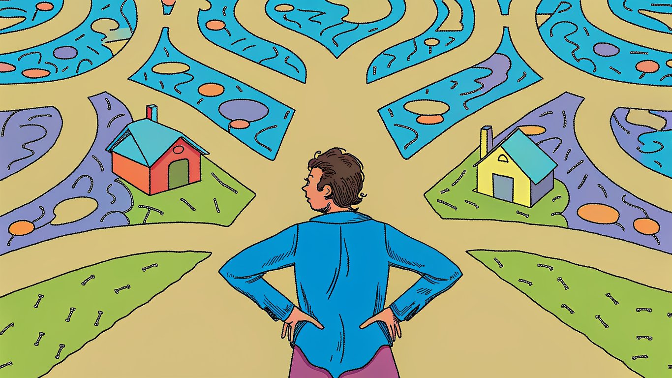 Illustration of a person lost in a complex labyrinth, symbolizing the confusing heat pump market with many options and changing rules.