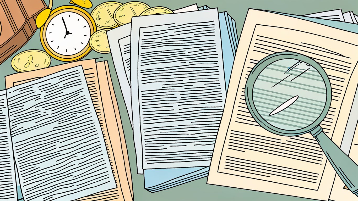 Illustration showing three comparison documents side-by-side with a magnifying glass, a clock, and a money bag, representing the benefits of comparing heat pump quotes: time-saving, transparency, and cost optimization.