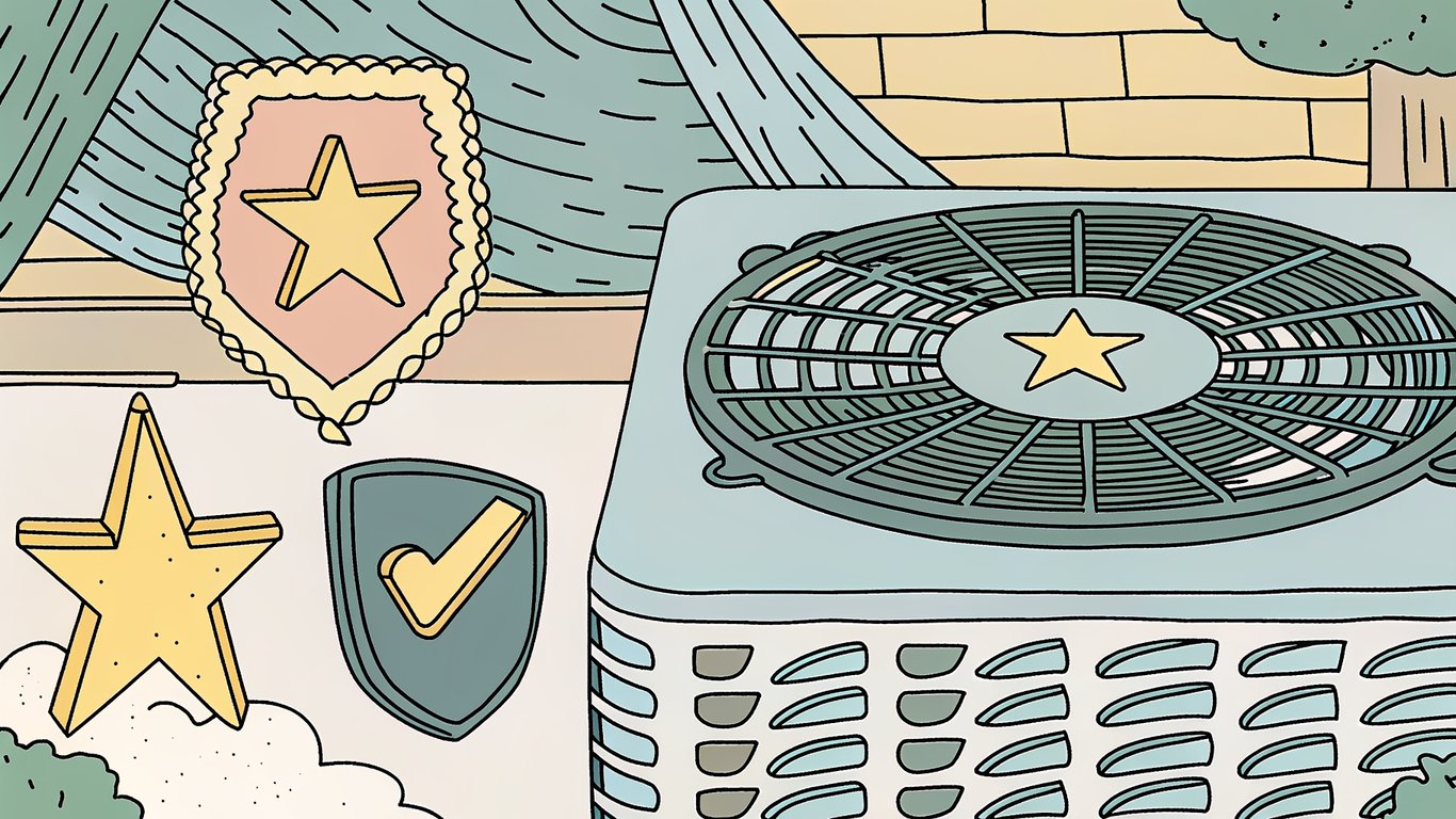 Illustration of a heat pump unit adorned with various certification badges and seals, symbolizing the importance of Energy Star, Hydro-Québec listing, and professional certifications for subsidy eligibility.