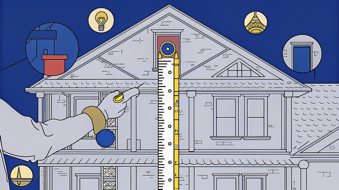 Illustration of a house blueprint with highlighted sections, a person measuring, and icons representing different heat pump types (wall-mounted, central, multi-zone), symbolizing the process of evaluating home needs and choosing a system.