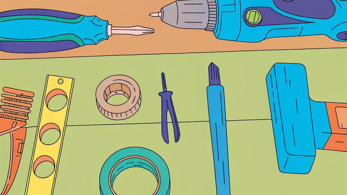 A collection of tools needed for thermostat installation, including screwdrivers, drill, level, voltage tester, and wire strippers.
