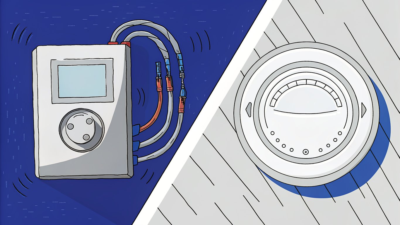 Comparison illustration of a wired thermostat on the left and a wireless thermostat on the right, highlighting their connection methods.