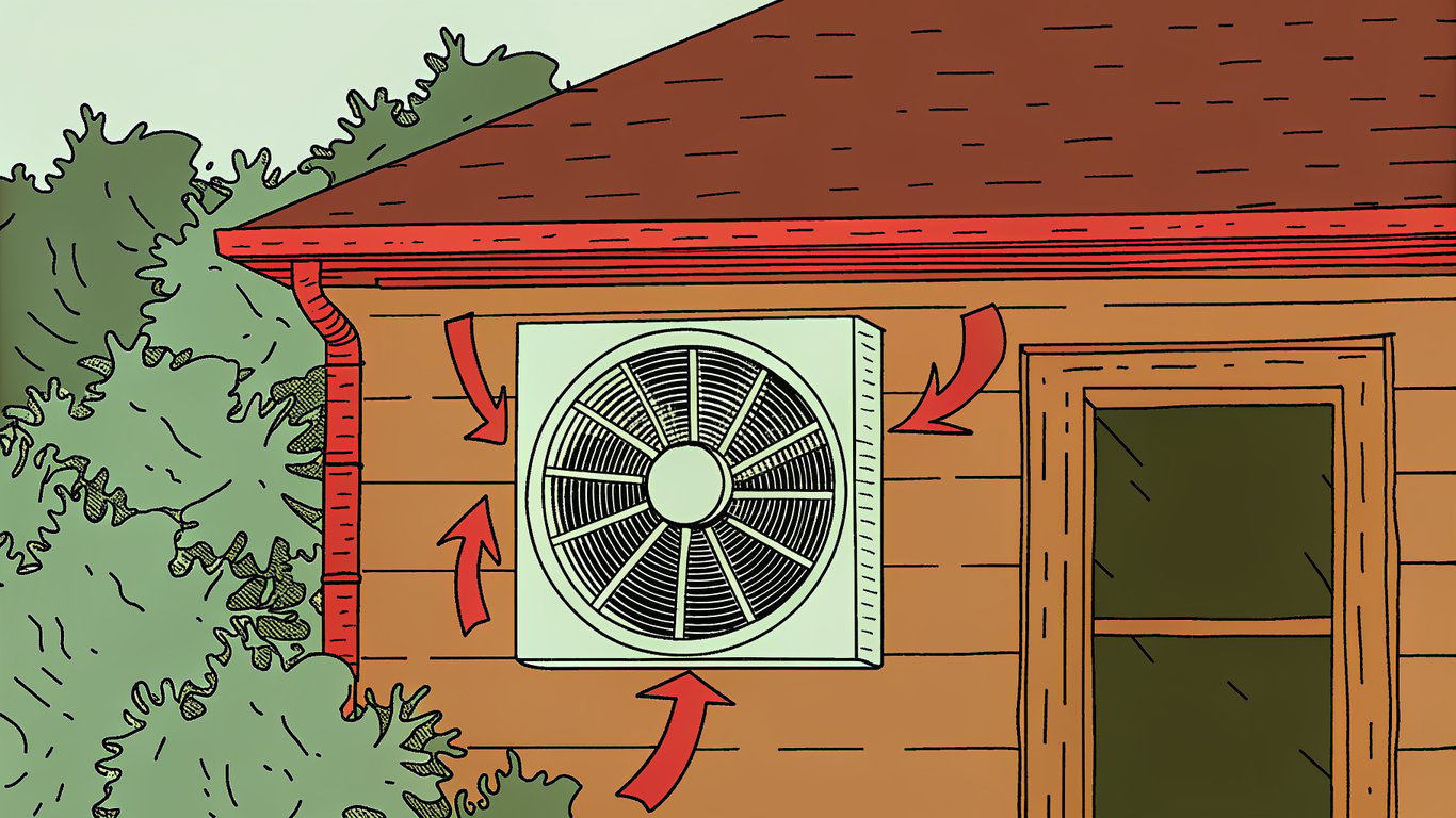 Illustration of a blower door test being performed on a house to detect air leaks.