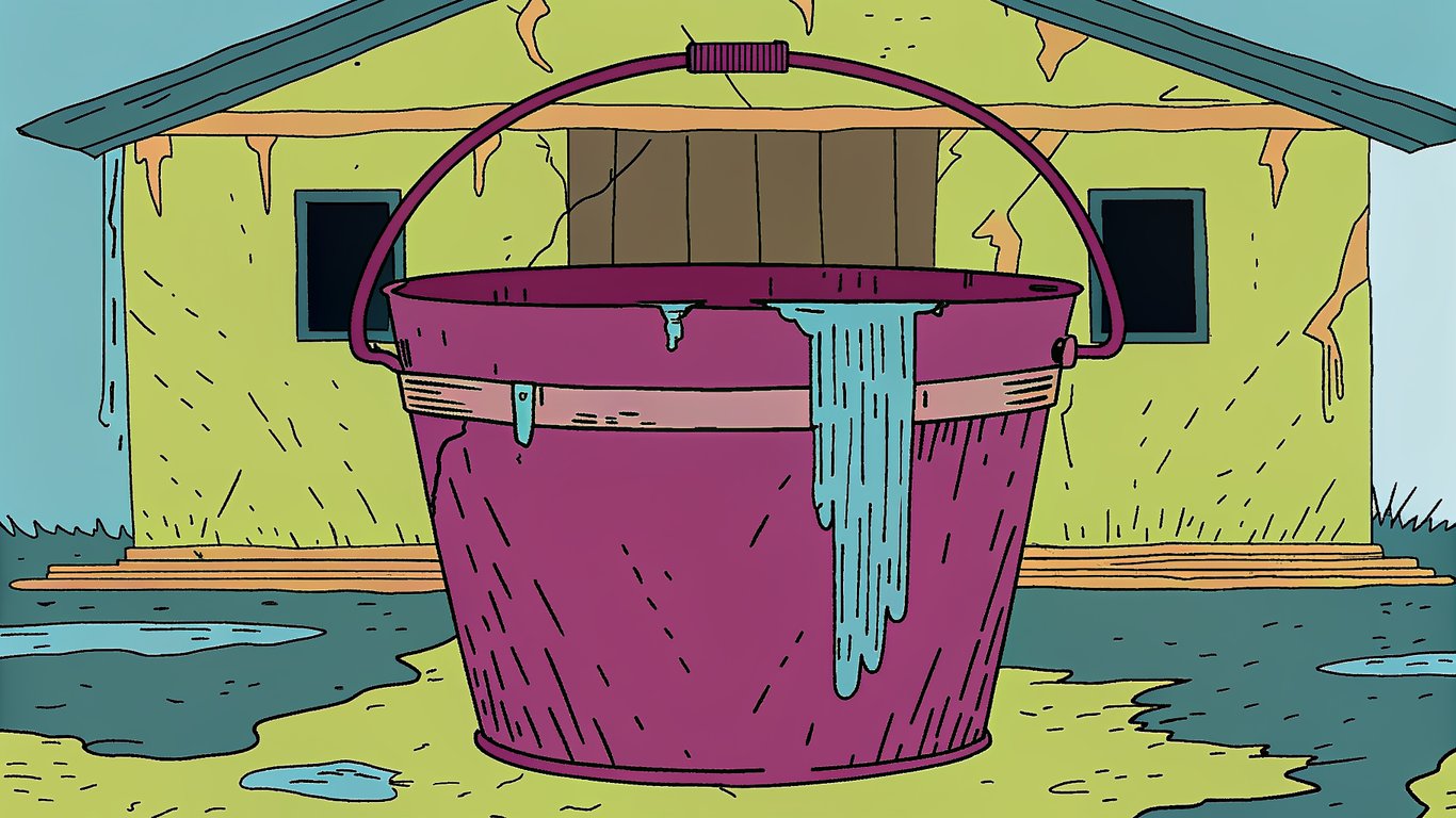 Illustration of a house losing heat like water from a leaky bucket.