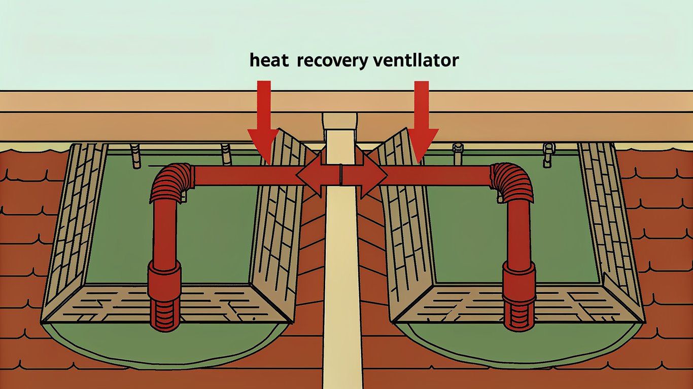 Illustration of a Heat Recovery Ventilator (VRC) unit with heat exchange process.