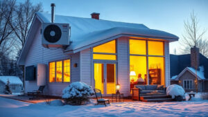A snow‑covered Quebec cottage with a sleek heat pump mounted on the roof, large insulated windows reflecting warm golden light, and a family enjoying a cozy, energy‑efficient living room inside, all set against a crisp winter landscape. The scene highlights modern efficiency tools and the comfort they bring during harsh Quebec winters.