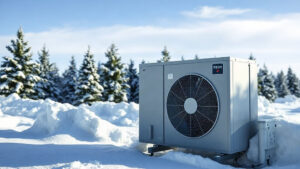 A sleek outdoor heat pump unit in a snowy Quebec landscape, its protective cover glistening with frost. Snowdrifts and a backdrop of pine trees under a crisp blue winter sky frame the scene.