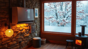 A cozy Quebec cottage interior with a sleek wall‑mounted heat pump unit mounted on a stone wall, warm amber lighting, and a small wood‑fireplace. Outside the frosted window, gentle snow falls over a maple tree, hinting at the crisp winter climate.