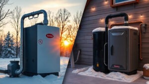 A dramatic split‑screen of a sleek, futuristic thermopump humming beside a classic gas furnace, both set against a snowy Quebec winter landscape with a subtle sunrise hinting at energy savings.
