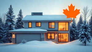 A sleek, modern Quebec home in winter with a prominent rooftop heat pump, surrounded by snowy pine trees and a subtle maple leaf motif, glowing with warm indoor lights to illustrate energy savings and innovation.