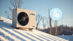 A sleek, modern heat pump unit mounted on a snow‑covered Quebec roof beneath a crisp, clear winter sky, with a faint, glowing budget calculator icon subtly hovering beside it, conveying cost‑effective heating solutions.