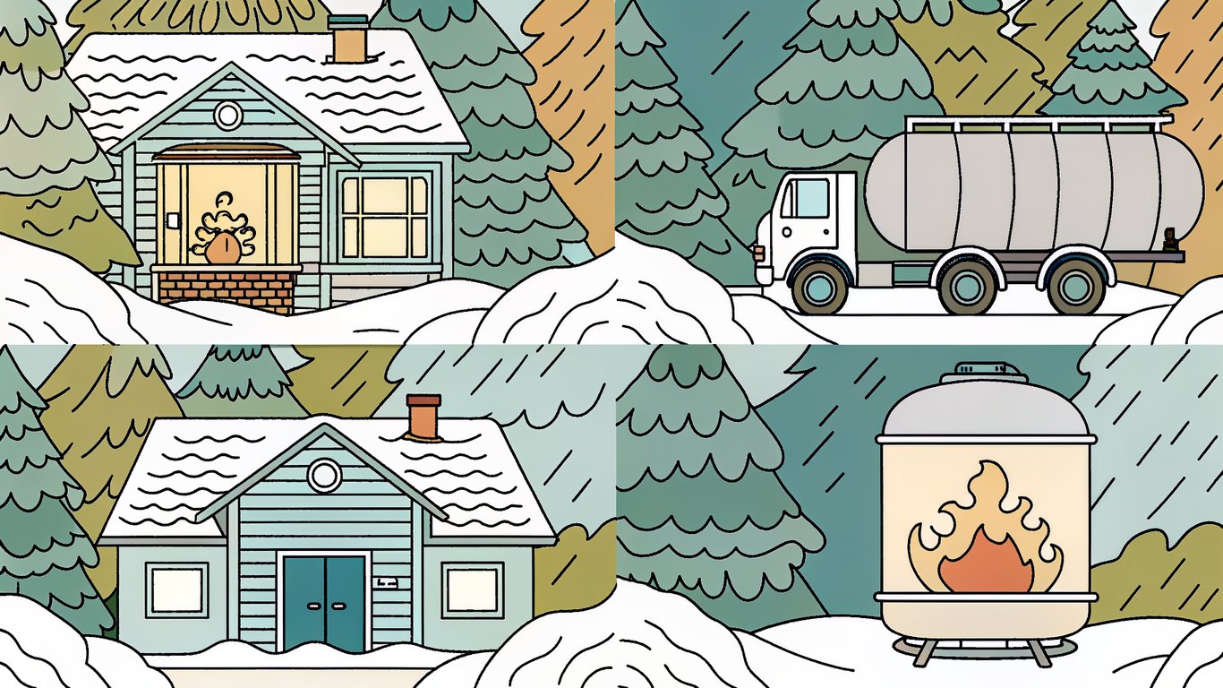 Icons representing various traditional heating systems: electric baseboard, natural gas furnace, oil tank, and propane tank, set against a snowy Quebec background.