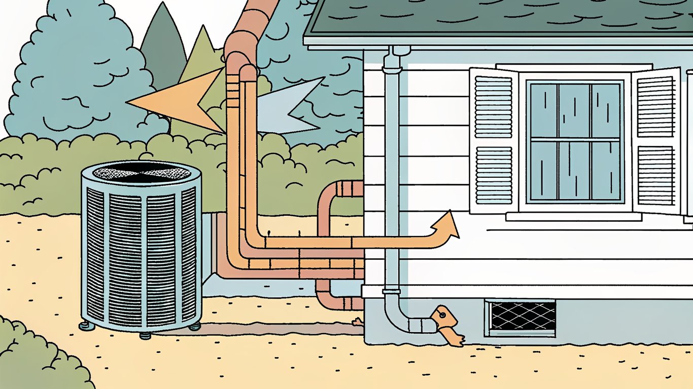 Diagram illustrating a heat pump system, showing heat being moved from outside to inside a house.