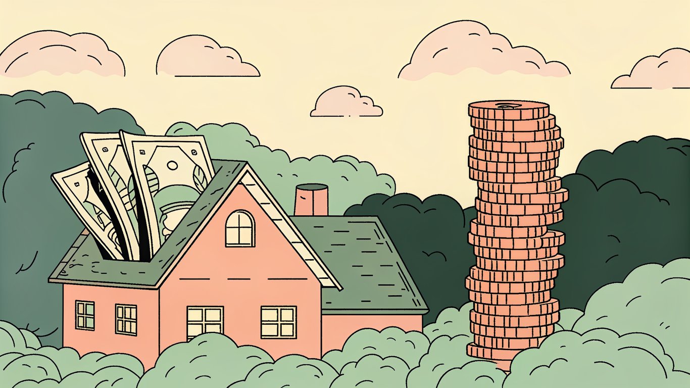 Illustration of a growing stack of money next to a house, representing financial savings and return on investment over time.
