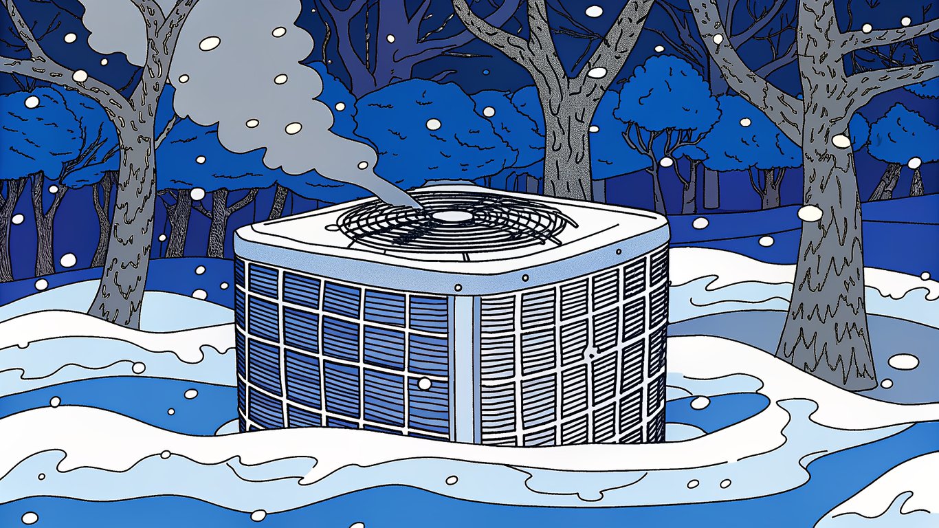 An outdoor heat pump unit battling heavy snow and ice in a severe winter environment.