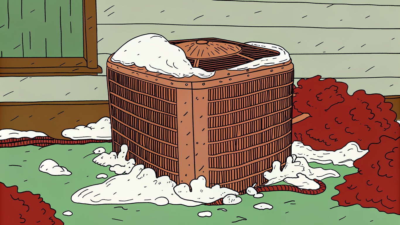 An outdoor heat pump unit completely submerged under a deep layer of snow.