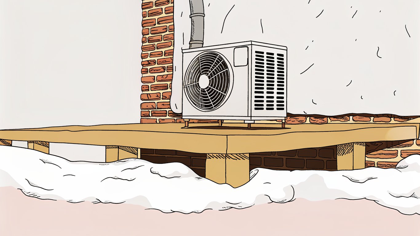 An outdoor heat pump unit properly installed on a high, sturdy concrete platform to prevent snow accumulation.