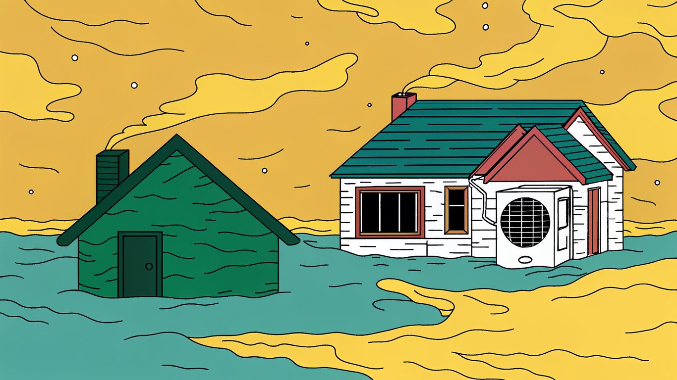 Illustration showing a standard heat pump struggling in extreme Quebec winter conditions next to an efficient cold-climate heat pump.