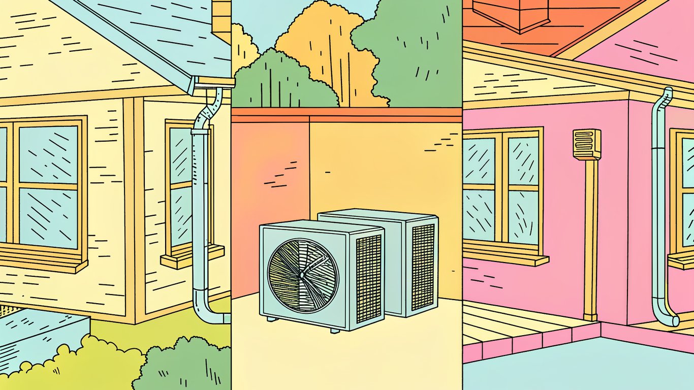 Diagram illustrating a wall-mounted heat pump, a central heat pump system, and a multi-zone heat pump system.