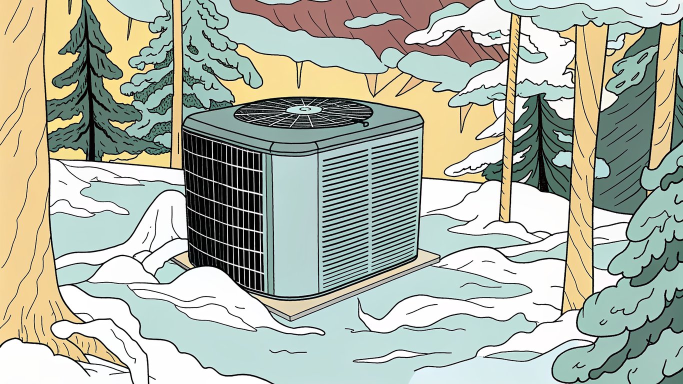 Illustration of a high-performance cold-climate heat pump unit operating efficiently in a snowy Quebec winter.