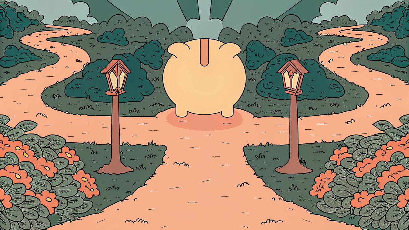 Illustration of a winding path leading to a piggy bank, symbolizing navigating complex programs to achieve savings.