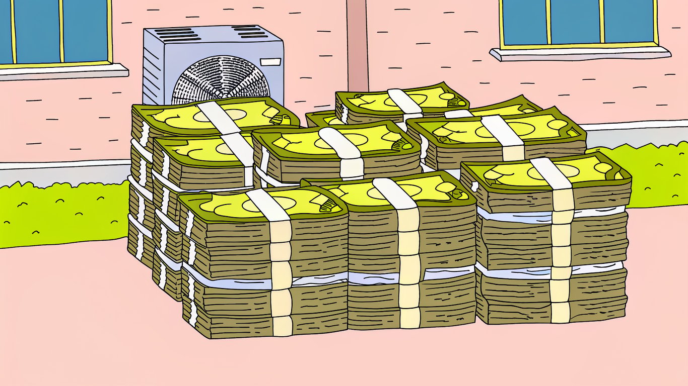 Illustration of a large stack of money next to a heat pump, representing significant financial savings.
