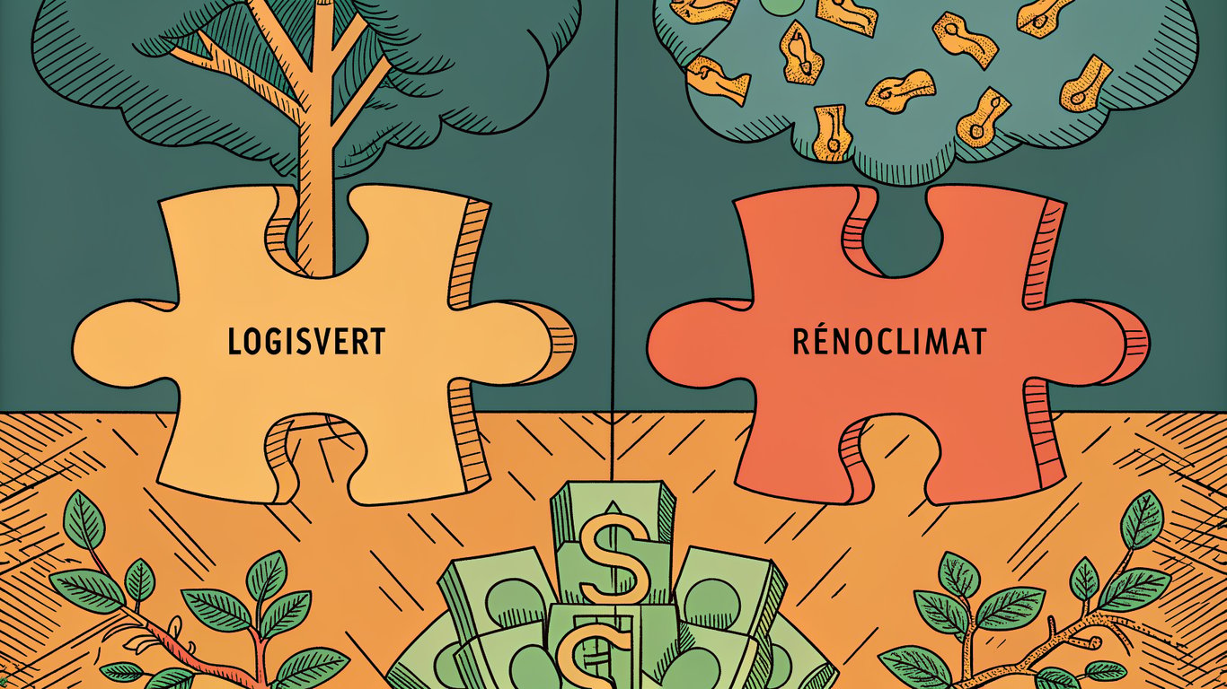 Illustration of two puzzle pieces, LogisVert and Rénoclimat, fitting together to form a larger whole, symbolizing combined subsidies.