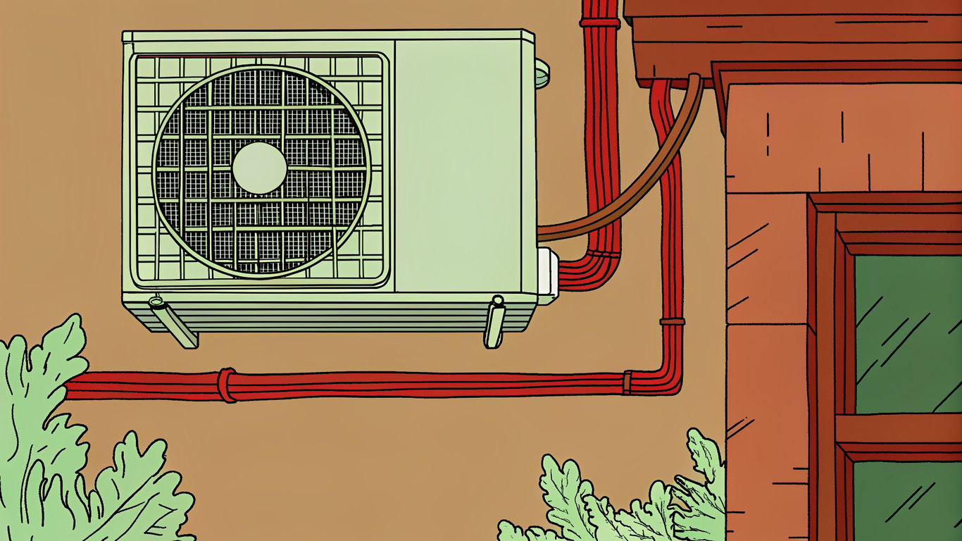 Illustration of a mini-split heat pump system with outdoor unit, indoor unit, and connecting lines.