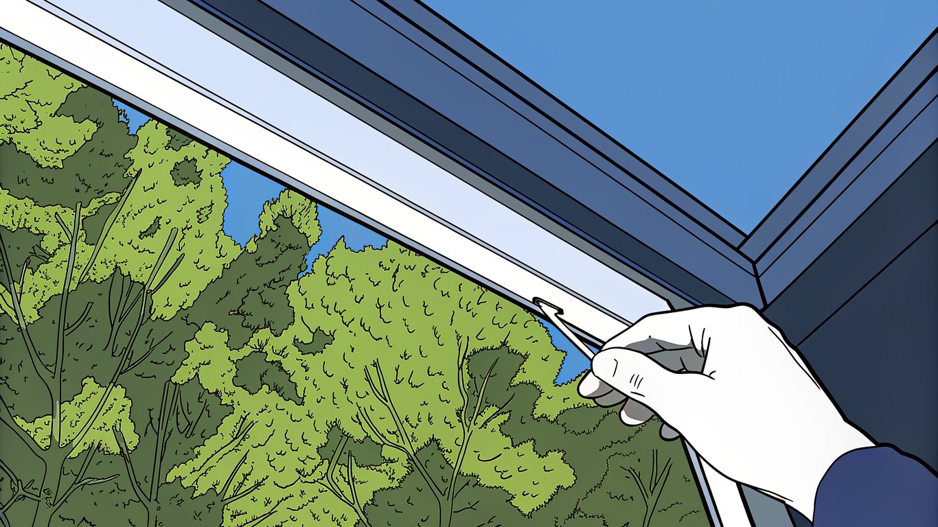 A hand applying weatherstripping to a window frame, illustrating air sealing to prevent drafts.