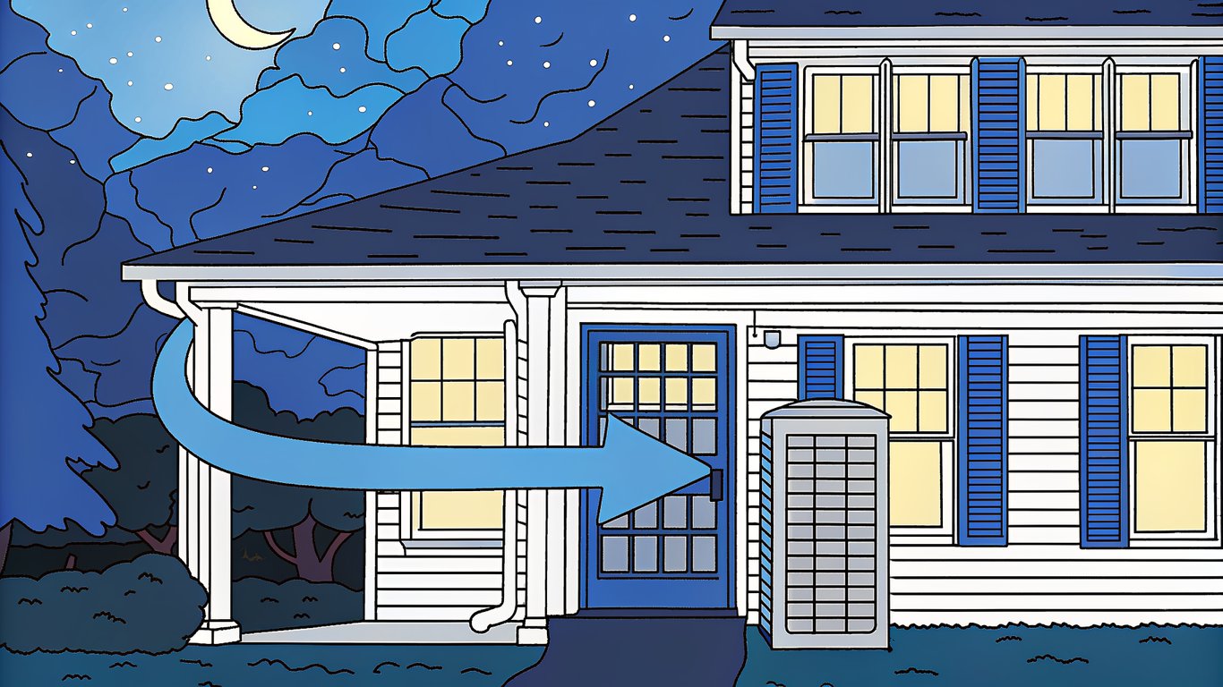 Illustration of a house with a heat pump and insulated walls, representing the synergy between efficient heating and a well-sealed home.