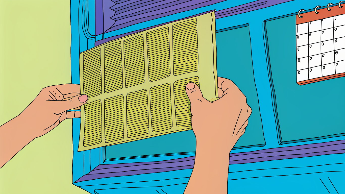 A hand inserting a clean filter into a heat pump unit, emphasizing easy monthly maintenance.