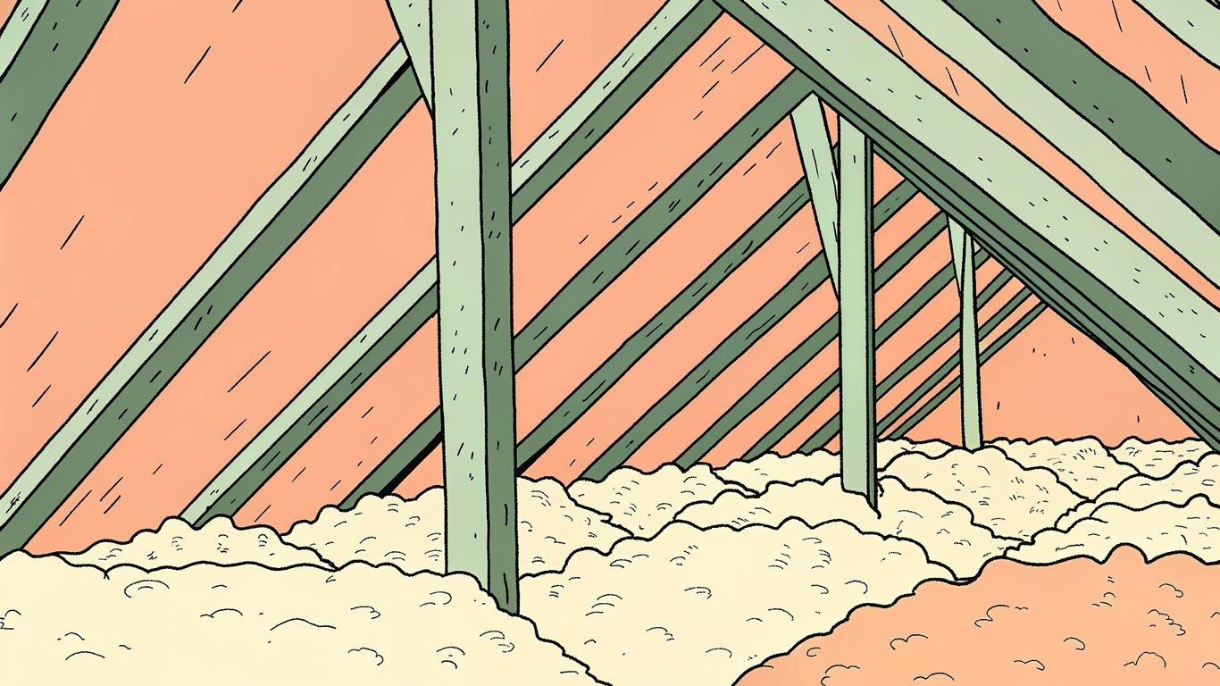 Cross-section of an attic with thick insulation, demonstrating effective heat retention.